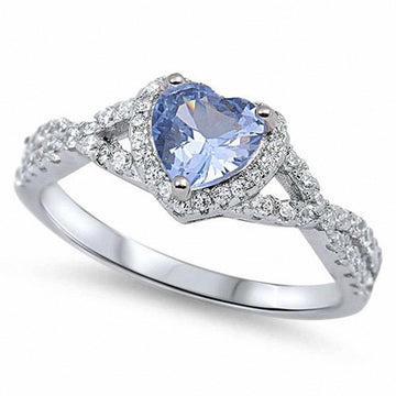 Halo Infinity Shank Heart Ring Round Simulated Aquamarine CZ 925 Sterling Silver